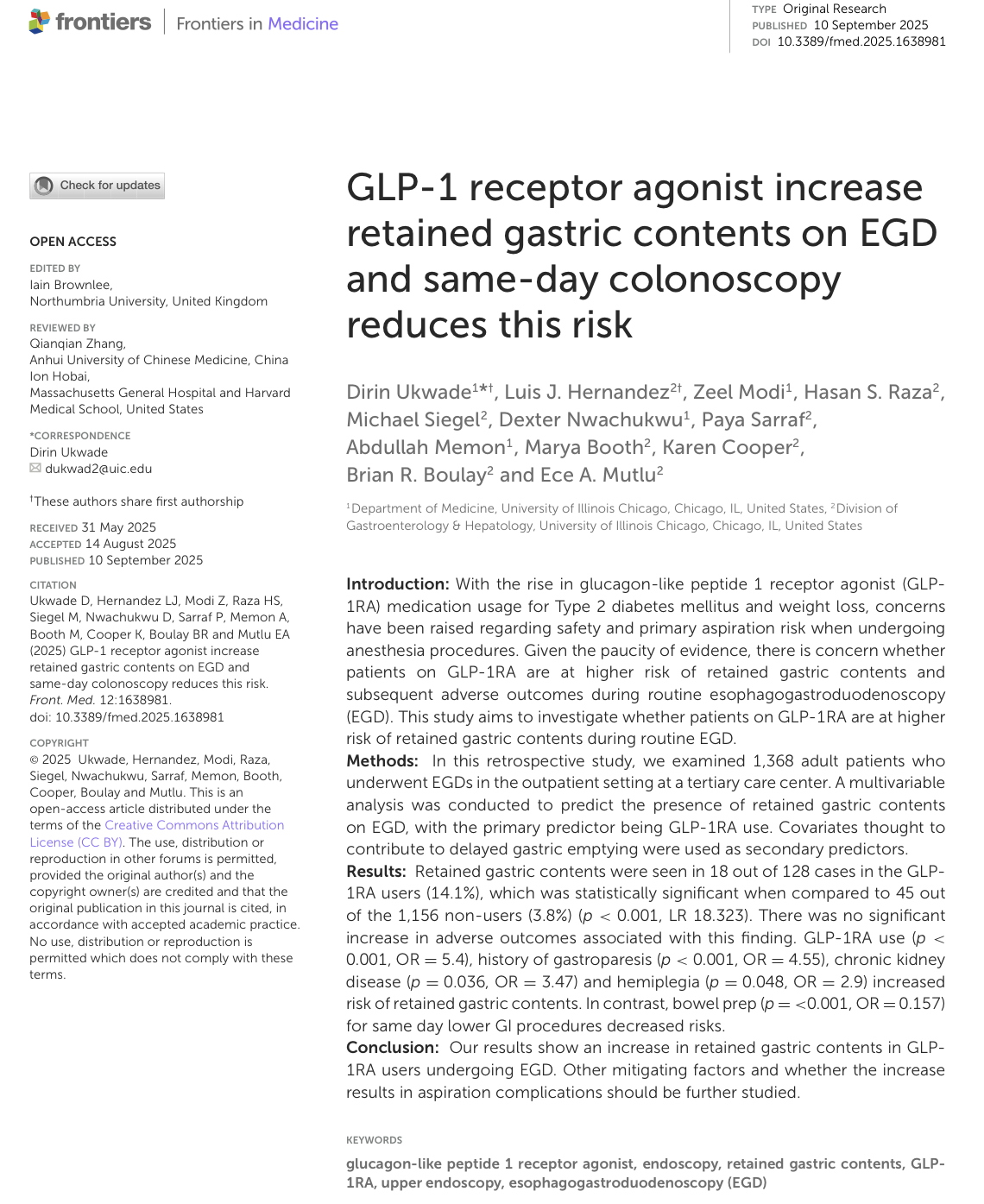 Frontiers in Medicine GLP-1 수용체 작용제와 잔류 위 내용물 연구 제목부