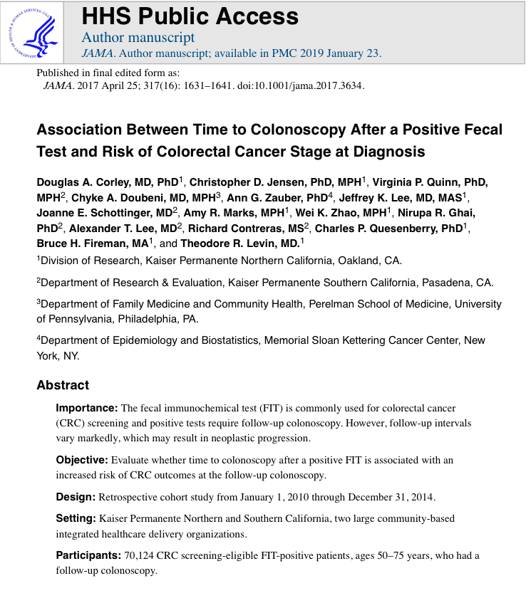 JAMA 2017 양성 FIT 후 대장내시경 시점과 대장암 위험 연구 제목부