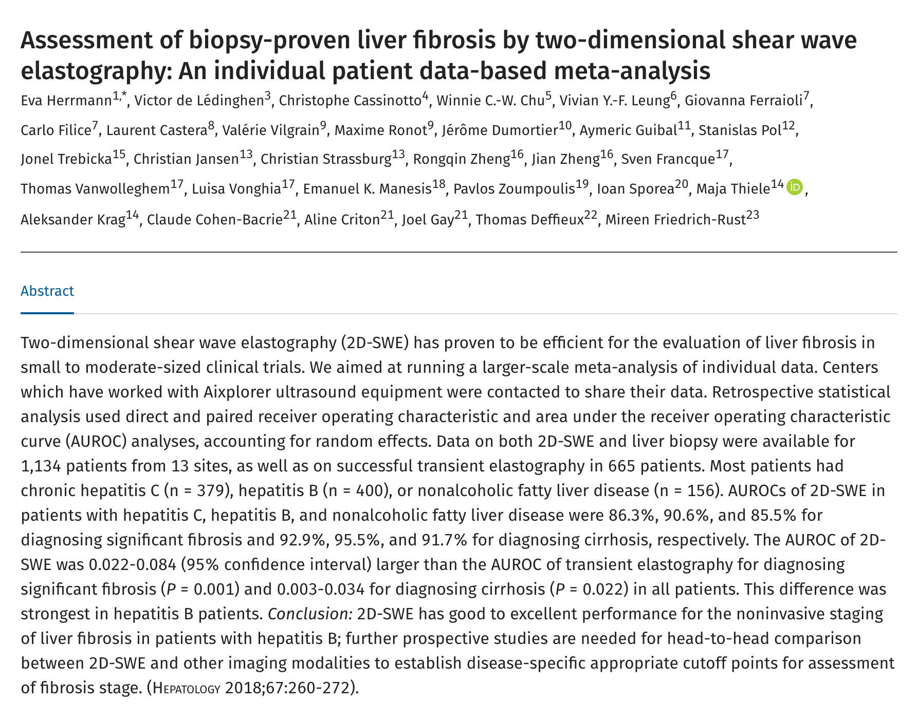Hepatology 2018년 게재 개별 환자 자료 메타분석 'Assessment of biopsy-proven liver fibrosis by two-dimensional shear wave elastography: An individual patient data-based meta-analysis'의 제목부와 초록 원문